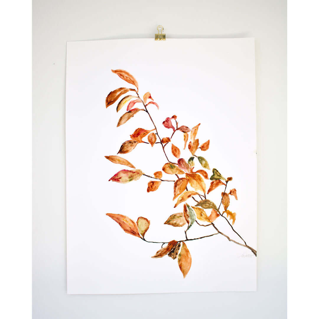 Art print of autumn leaves with warm orange and red hues, depicting the beauty of the fall season. Part of 'The Beauty of Seasons' collection.