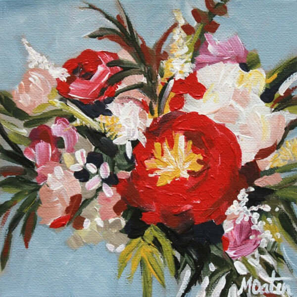 Riverside Bouquet by Mindi Oaten, showing red, orange, white and pink flowers in a vase.