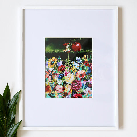 Framed Old Testament inspired artwork featuring a vivid assortment of flowers, evoking the rich tapestry of stories and teachings from the biblical era