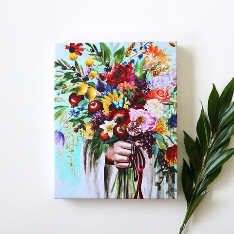A vibrant New Testament inspired painting showcasing a bouquet of lush, colorful flowers held in a hand, symbolizing the abundance and diversity of creation