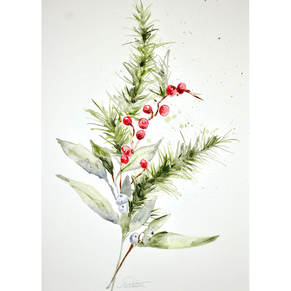 "Holly Berry Winter Branches" no. 2 - Watercolour Fine Art Print