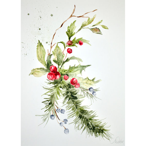 "Holly Berry Winter Branches" no. 3 - Watercolour Fine Art Print