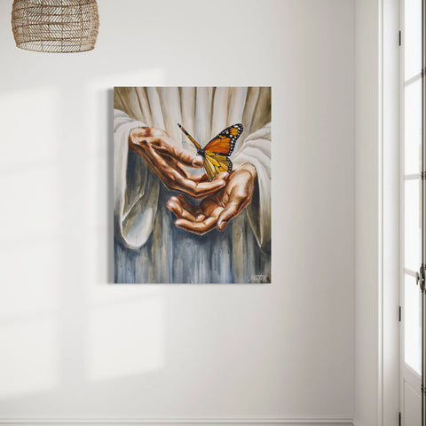 Bible Art Collection – painting of Jesus’ hands with a monarch butterfly