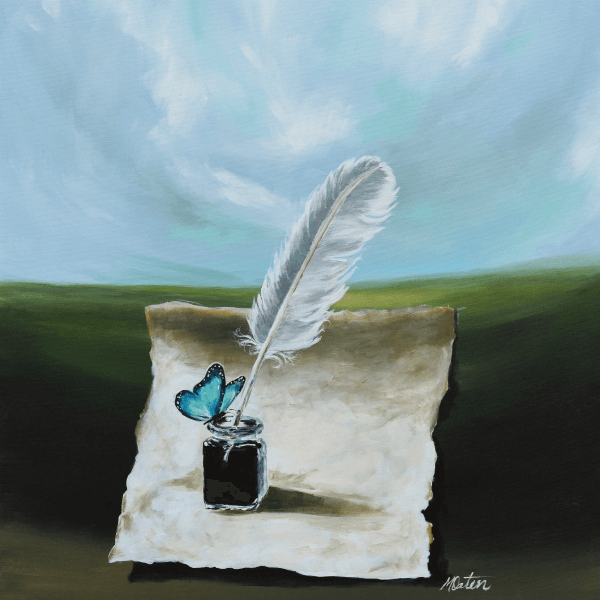 Feather quill in inkwell with blue butterfly on parchment, fine art print from Time to Revive collection by Mindi Oaten.