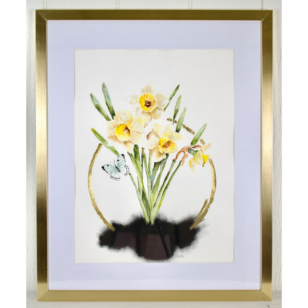 Framed artwork of a bouquet of flowers with a gold frame.