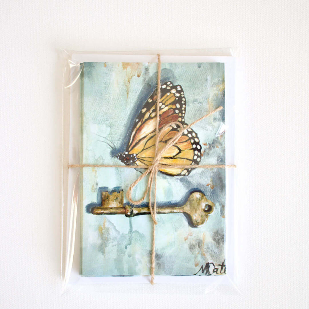 "Butterfly & Key" Note Cards - Set of 8 by Mindi Oaten – Christian Prophetic Acrylic Painting featuring , inspired by Scripture and spiritual themes.