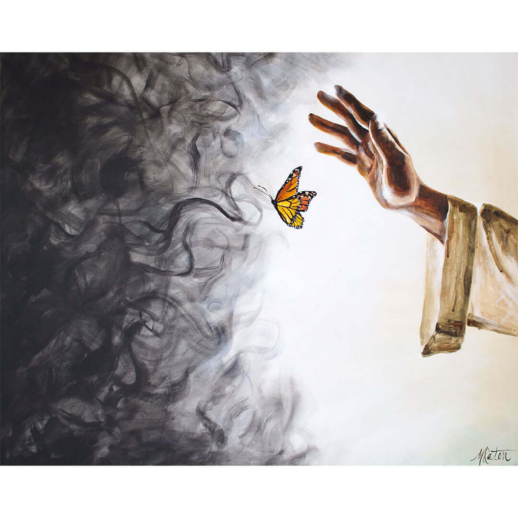

Casting out Darkness by Mindi Oaten, showing the outstretched hand of Jesus facing swirling darkness, with a monarch butterfly.