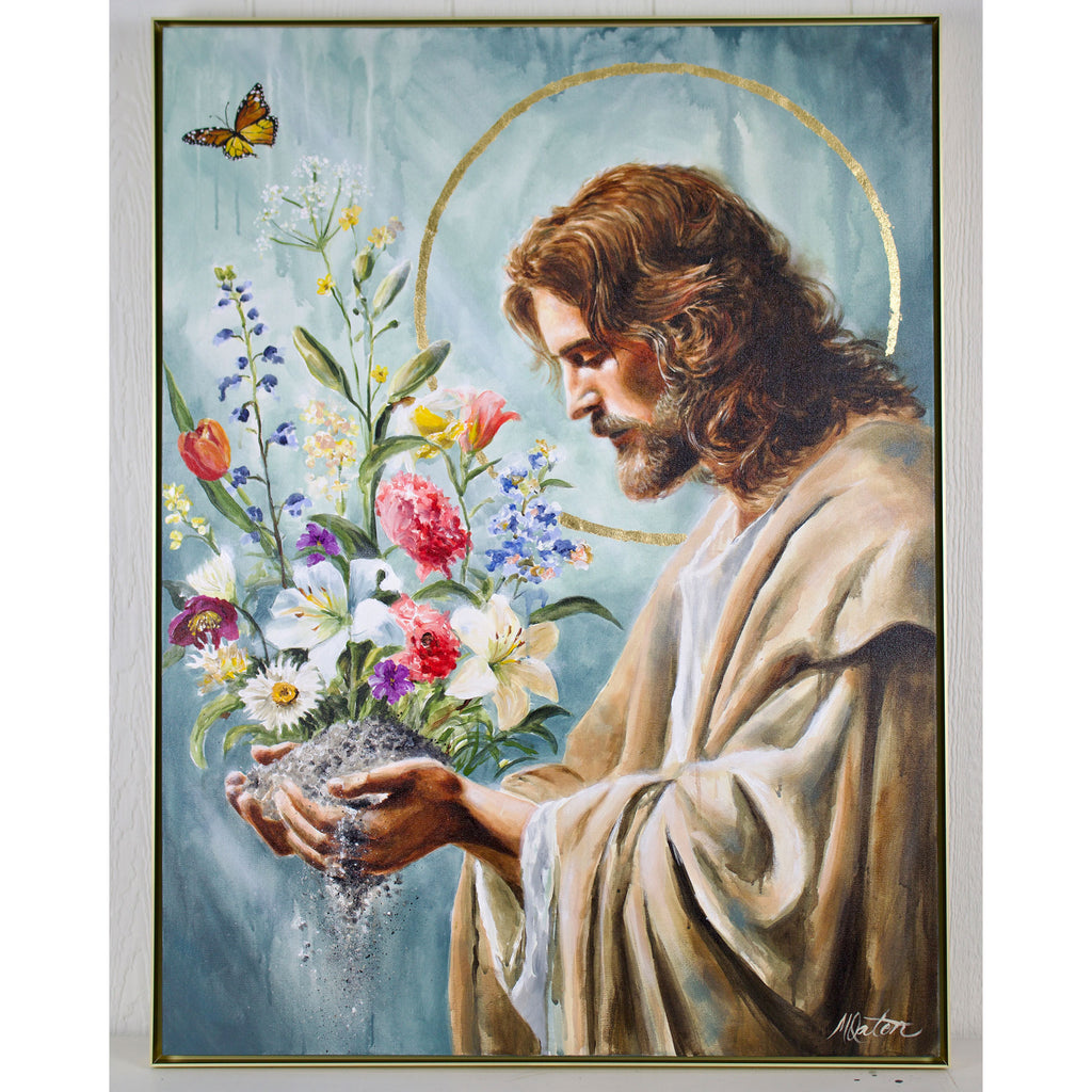 Painting of a religious figure holding flowers with a butterfly and halo.