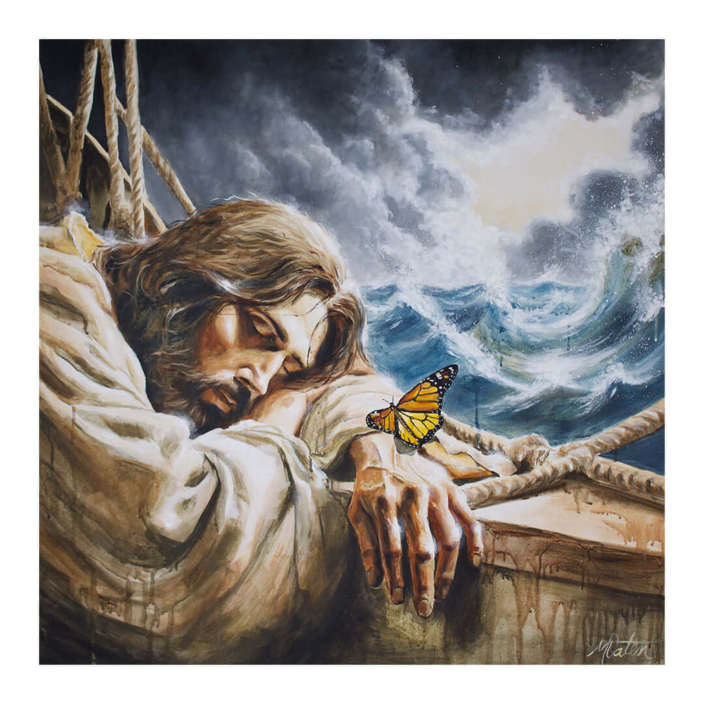 Asleep on the Boat painting by Mindi Oaten depicting Jesus asleep during the storm on the Sea of Galilee