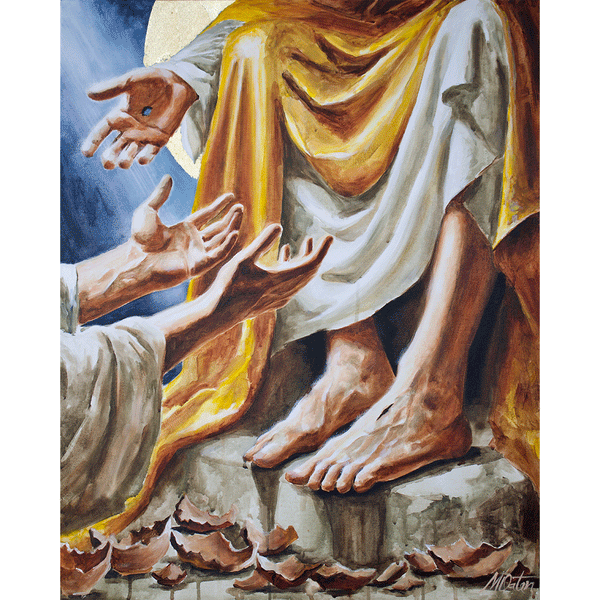 “Repent” by Mindi Oaten — a Christian fine art painting of Jesus extending His wounded hands toward those seeking forgiveness, symbolizing repentance and healing grace.