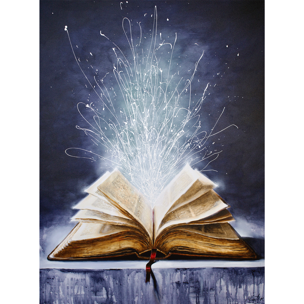 

The Living Word III by Mindi Oaten, showing an open book sending a spray of fine white light into deep blue.