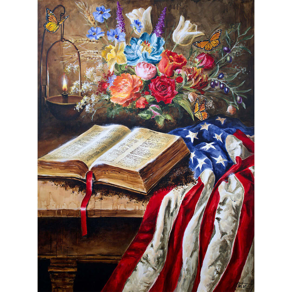 Christian fine art print depicting an open Bible, flowers, and an American flag, symbolizing faith and patriotism.