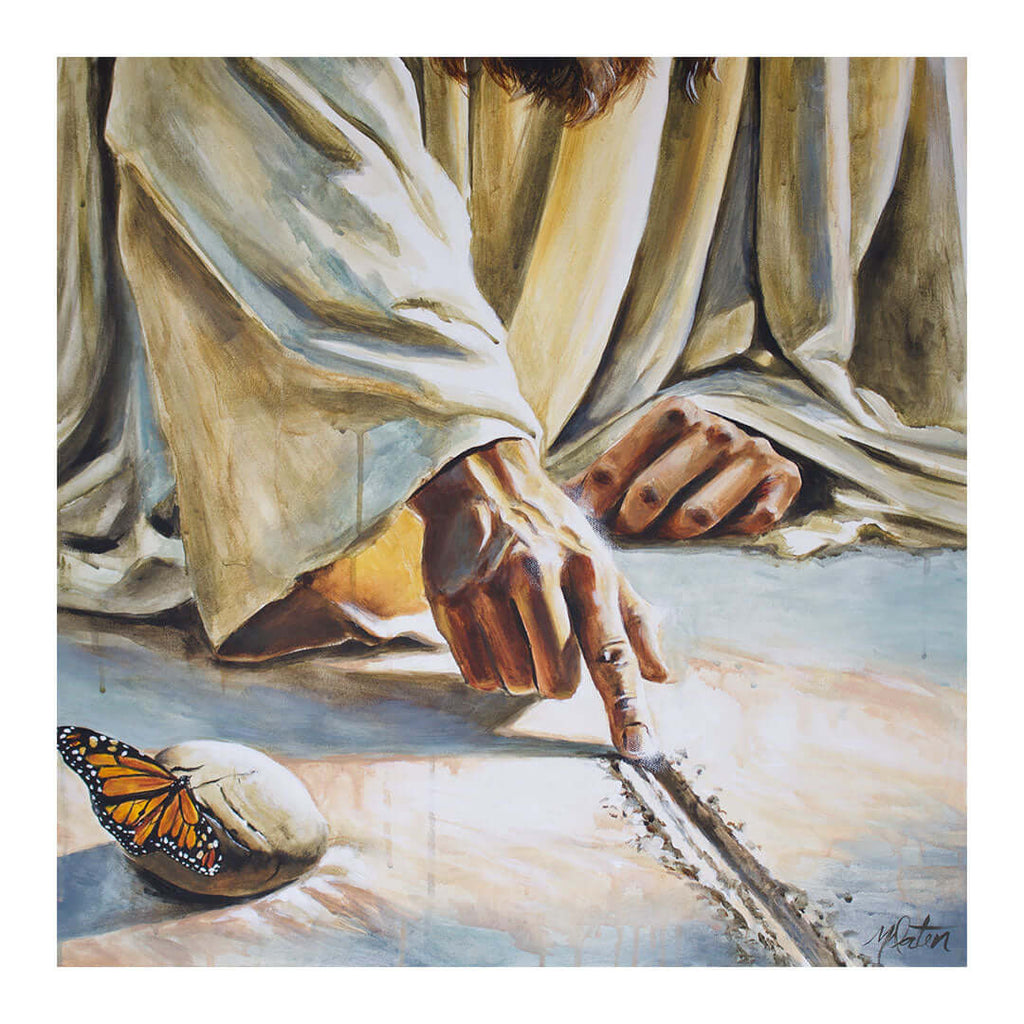 A Line Drawn painting by Mindi Oaten depicting Jesus and the woman brought before Him in John 8