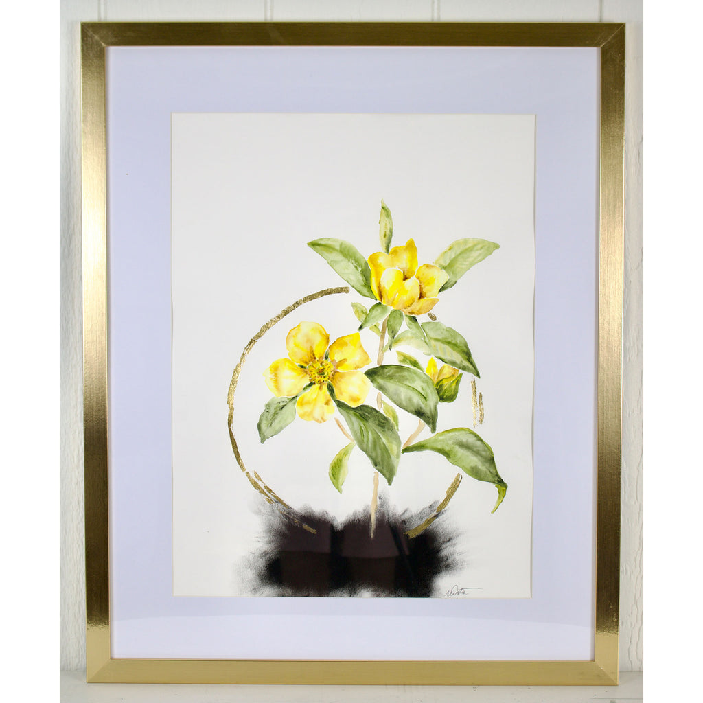 Framed artwork of yellow flowers with green leaves on a white background