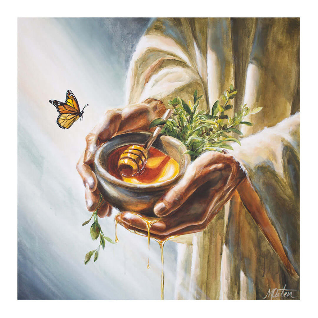 

Bittersweet by Mindi Oaten, showing the hands of Jesus holding a small bowl of honey and a wooden dipper.