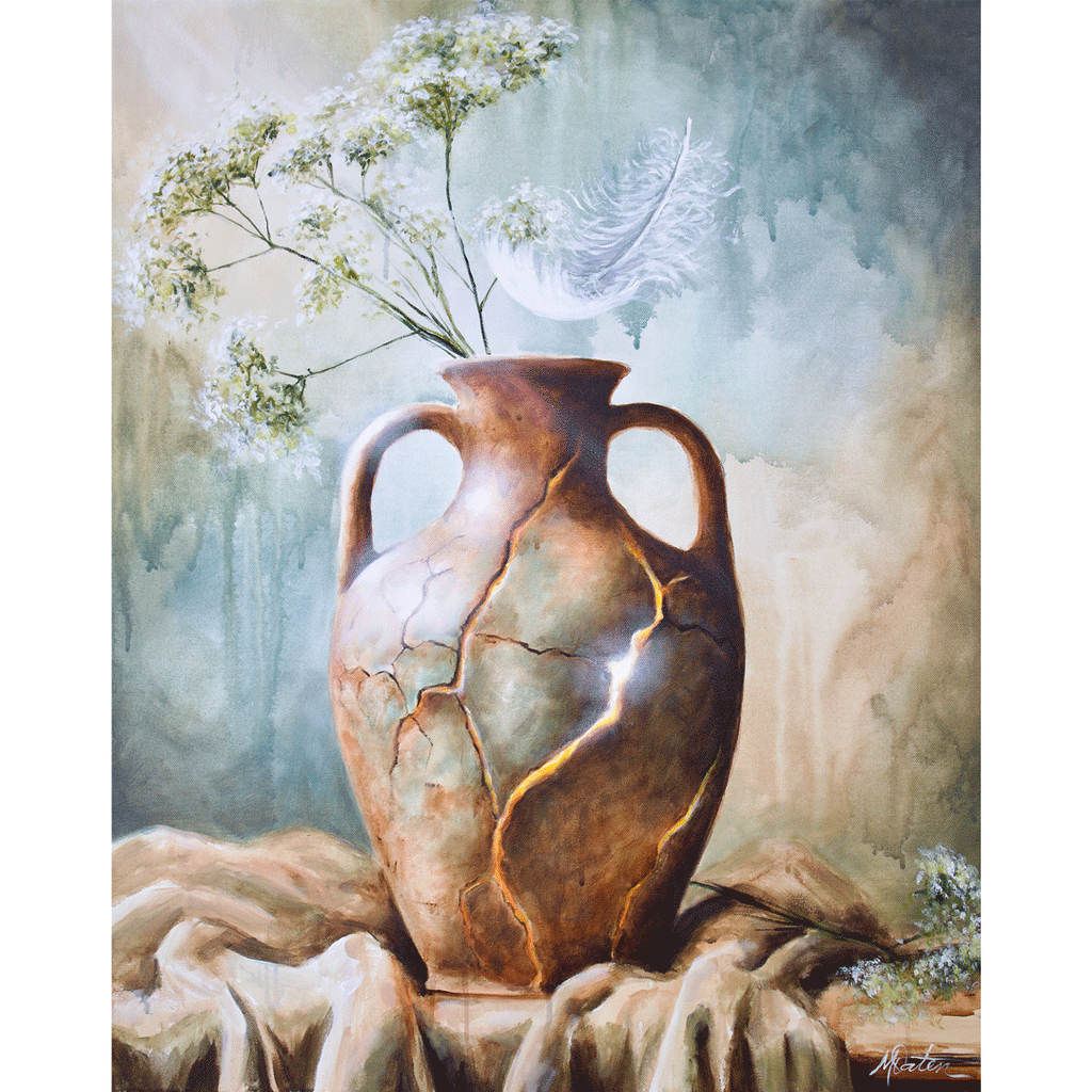 Broken, Yet Filled by Mindi Oaten. A symbolic acrylic painting of a cracked clay vessel resting on draped fabric, illuminated from within by golden light shining through its fractures. Delicate white flowers and a floating feather emerge from the vessel, representing healing, surrender, and the Holy Spirit. Inspired by 2 Corinthians 12:9, the artwork reflects God’s strength revealed through human weakness and the beauty of being filled with His presence despite brokenness.