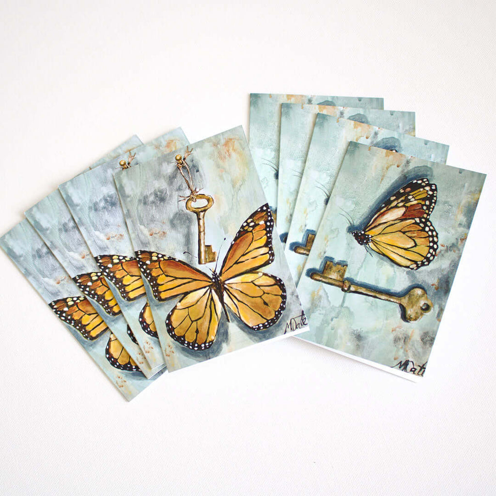 "Butterfly & Key" Note Cards - Set of 8 by Mindi Oaten – Christian Prophetic Acrylic Painting featuring , inspired by Scripture and spiritual themes.