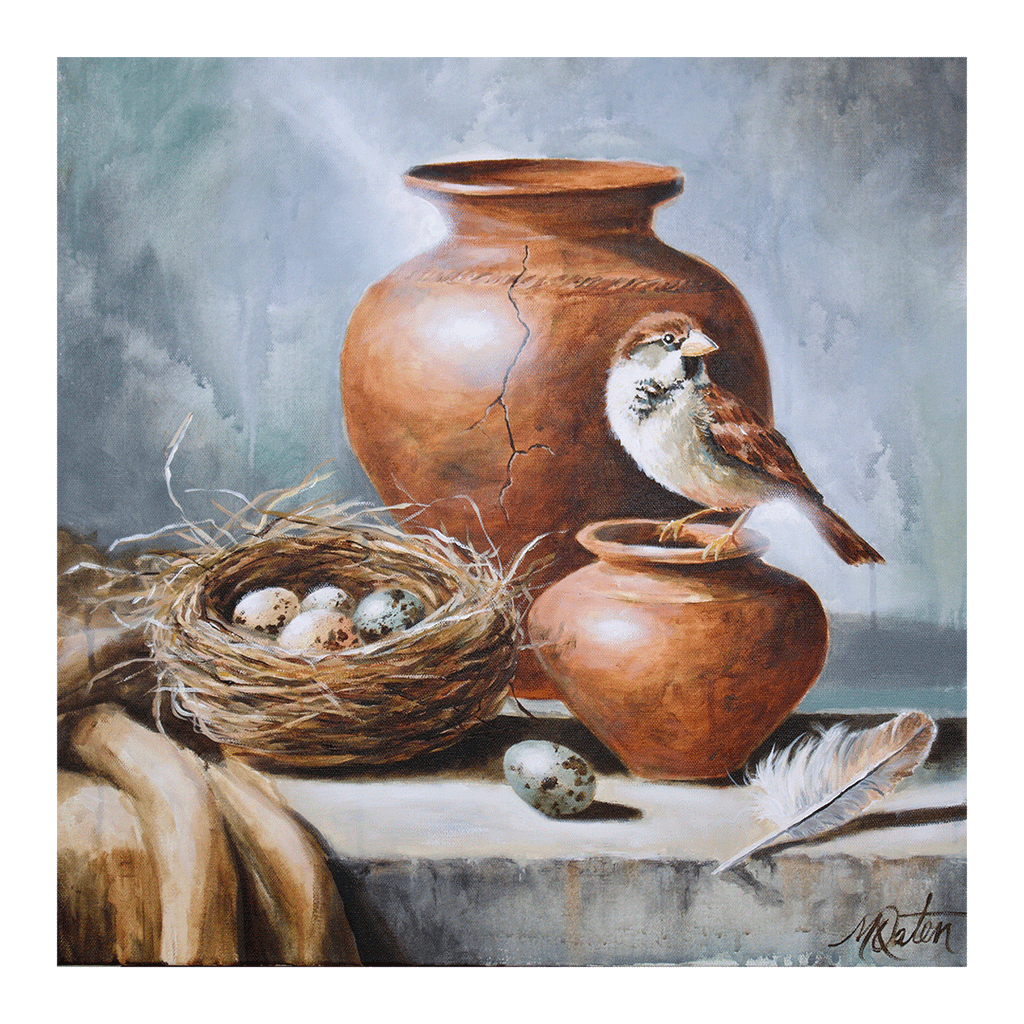 Formed to Sing by Mindi Oaten. A symbolic acrylic painting featuring a sparrow perched on a clay vessel beside a nest filled with speckled eggs. A cracked pottery jar stands behind them, while a feather rests in the foreground beneath soft beams of light. Inspired by God’s care for the sparrow and His purpose in shaping every life, the artwork symbolizes identity, nurturing, restoration, and the call to lift one’s voice in praise.