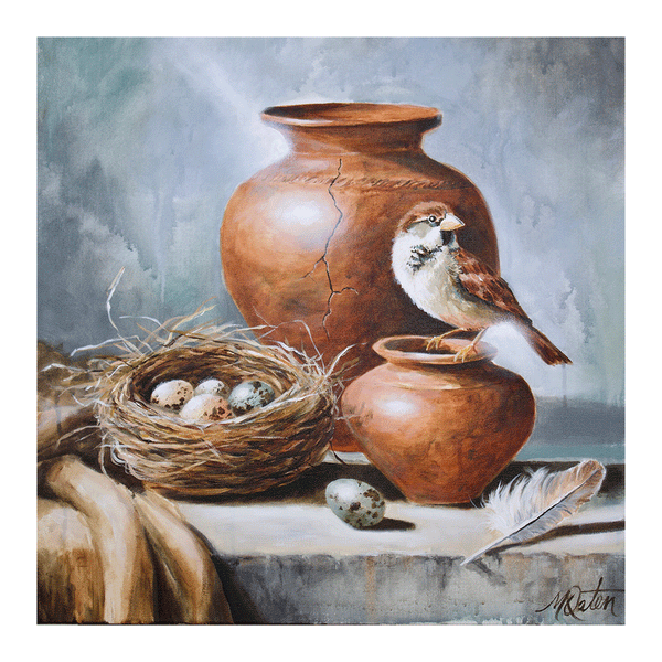 Formed to Sing by Mindi Oaten. A symbolic acrylic painting featuring a sparrow perched on a clay vessel beside a nest filled with speckled eggs. A cracked pottery jar stands behind them, while a feather rests in the foreground beneath soft beams of light. Inspired by God’s care for the sparrow and His purpose in shaping every life, the artwork symbolizes identity, nurturing, restoration, and the call to lift one’s voice in praise.