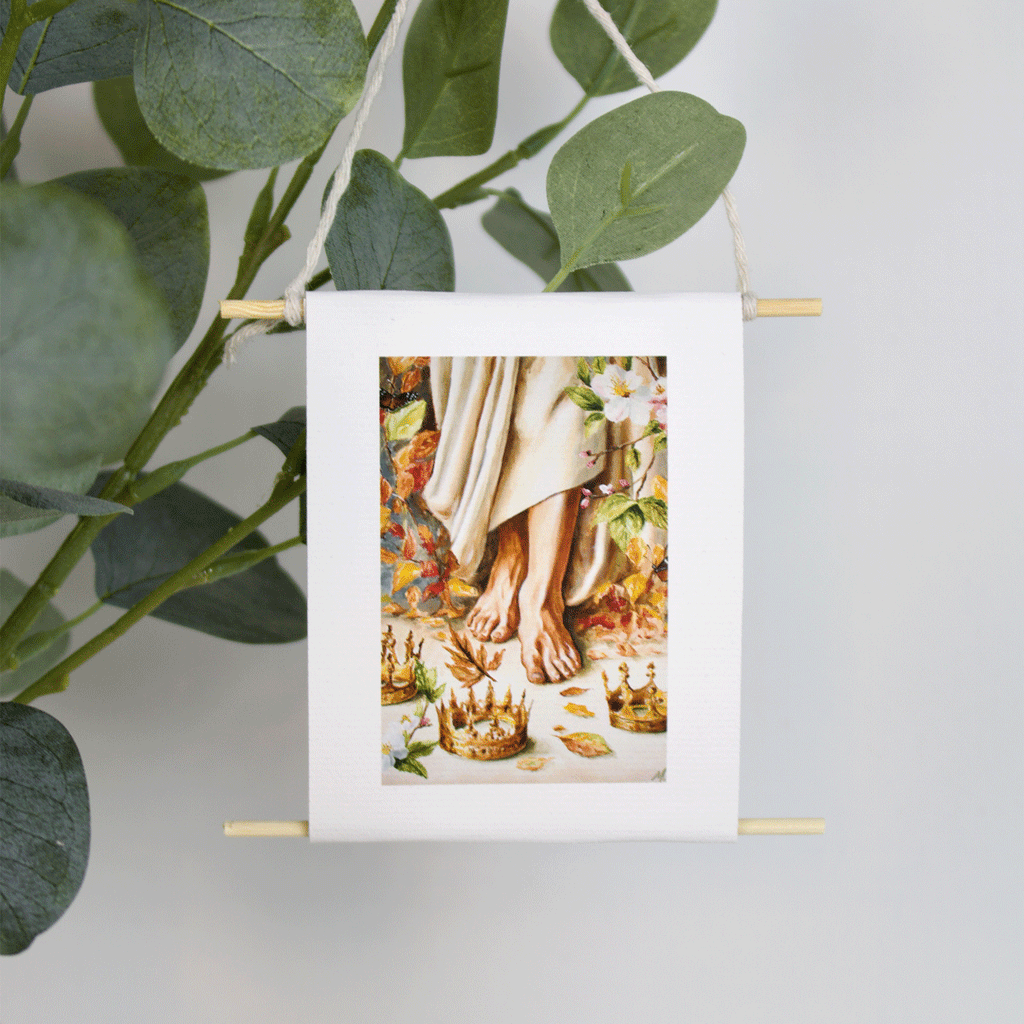 Mini collectible art of crowns laid at the feet of Jesus — Crown Him Worthy by Mindi Oaten, symbolizing worship, surrender, and honor to the King.