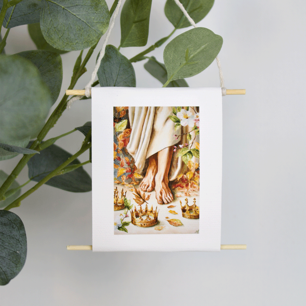 Mini collectible art of crowns laid at the feet of Jesus — Crown Him Worthy by Mindi Oaten, symbolizing worship, surrender, and honor to the King.