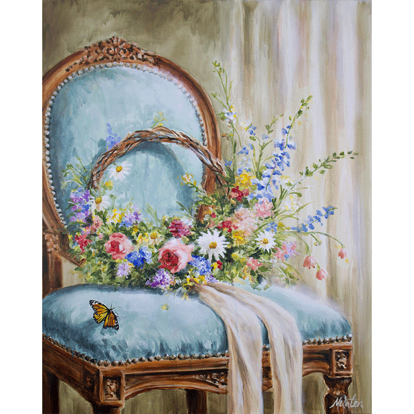 An elegant upholstered chair with a soft blue cushion holds a crown made of colorful flowers, with a light fabric draped over the seat and a butterfly resting nearby, symbolizing beauty, restoration, and royal identity.