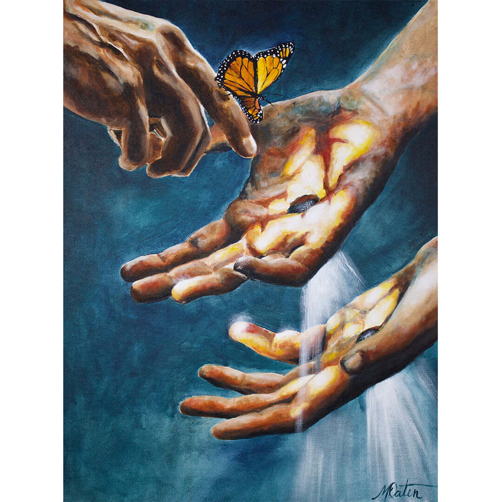 Stop Doubting and Believe painting by Mindi Oaten depicting Thomas reaching toward the wounds of the risen Jesus