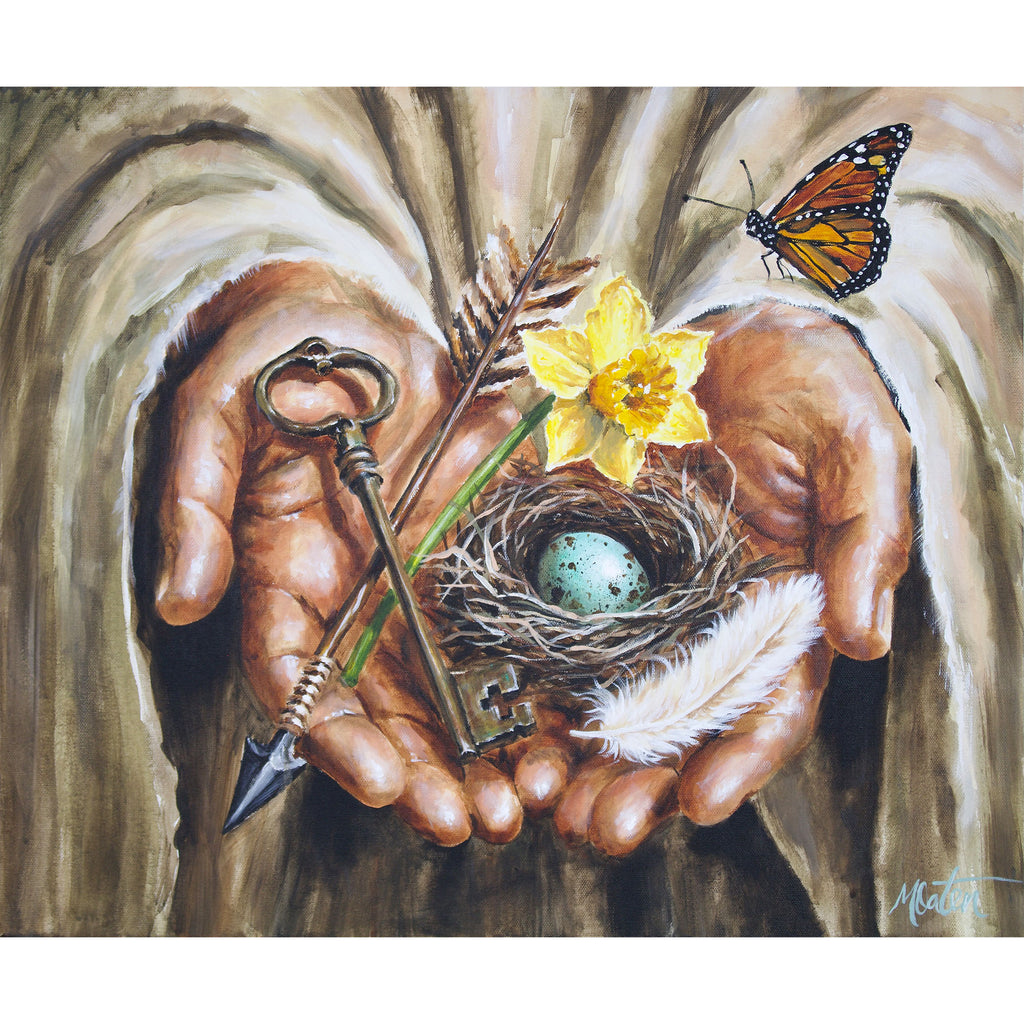 “Entrusted” by Mindi Oaten depicts cupped hands holding a bird’s nest with a blue-speckled egg, antique keys, an arrow, a white feather and a yellow daffodil, with a monarch butterfly above.