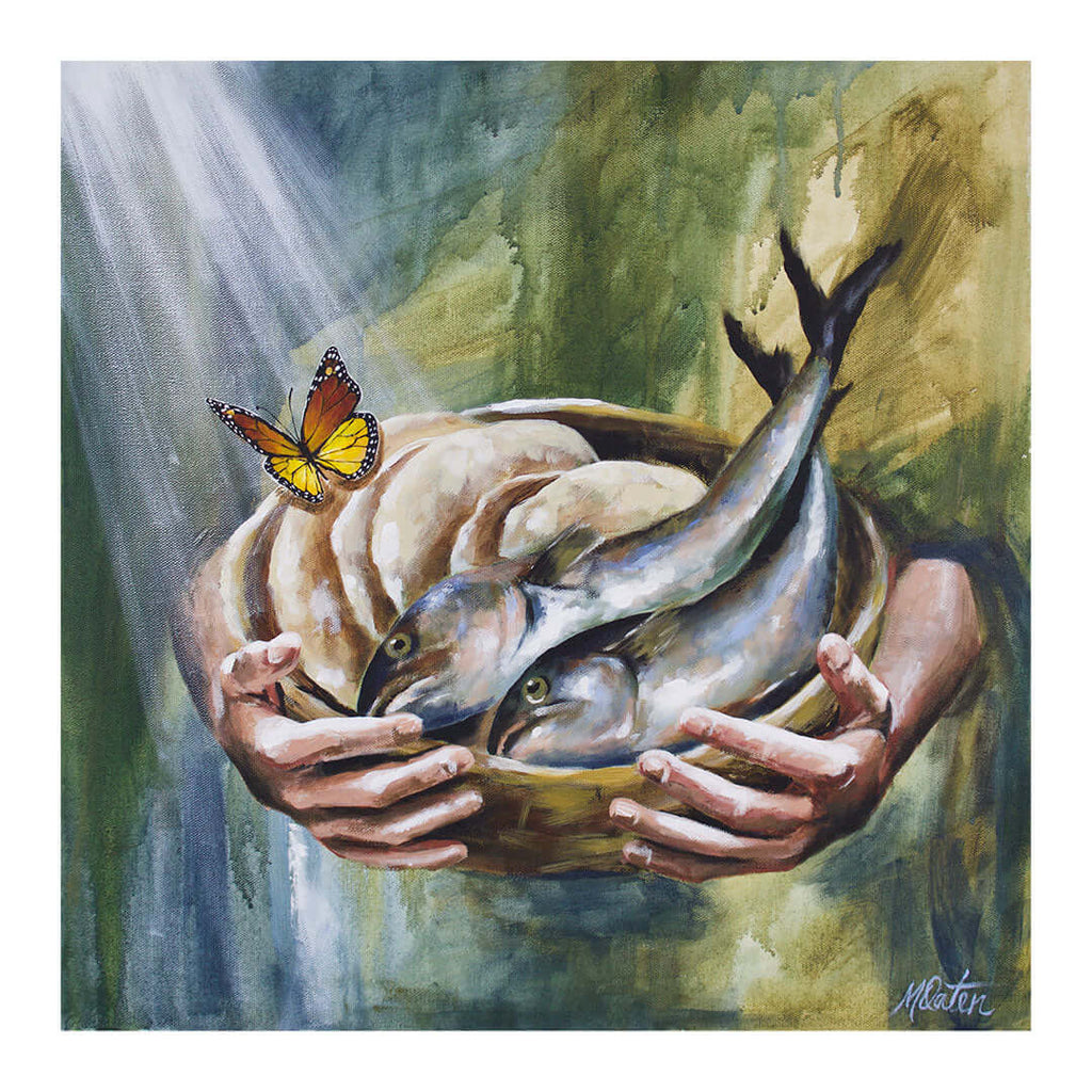 Gave Thanks painting by Mindi Oaten depicting Jesus giving thanks before multiplying the five loaves and two fish in Matthew 14