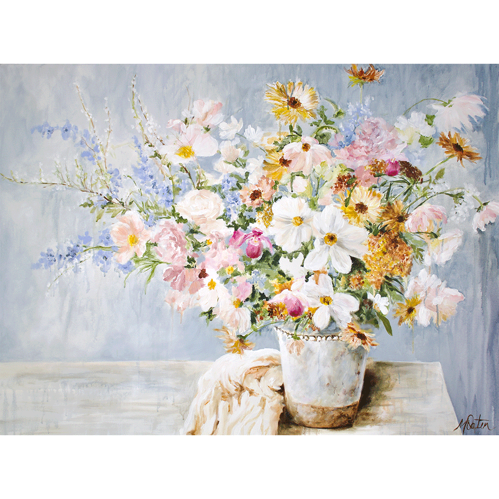 

Whispers of Spring by Mindi Oaten, showing a loose bouquet of pale flowers and small butterflies in a white vase.