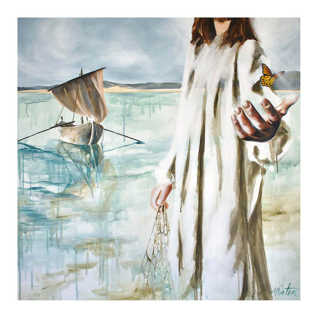Follow Me painting by Mindi Oaten depicting Jesus calling His disciples beside the Sea of Galilee