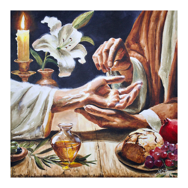 The Fragrance of Bethany by Mindi Oaten. A symbolic Christian painting depicting a woman anointing the hands of Jesus with costly oil at a table. A glowing candle, white lily, bread, grapes, pomegranate, and olive oil surround the scene, representing worship, friendship, communion, sacrifice, and devotion. Inspired by Mary of Bethany’s act of love, the artwork captures a sacred moment of affection and surrender in the presence of Christ.
