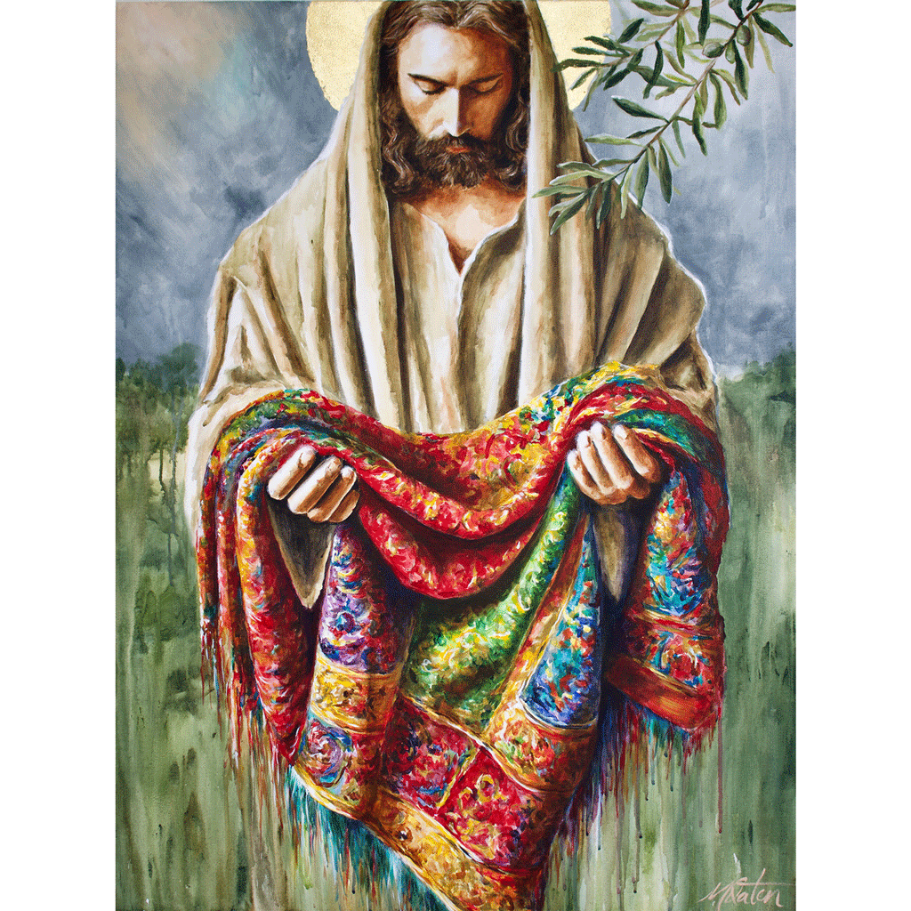 

Garment of Promise by Mindi Oaten, showing Jesus holding richly patterned multicolored fabric.