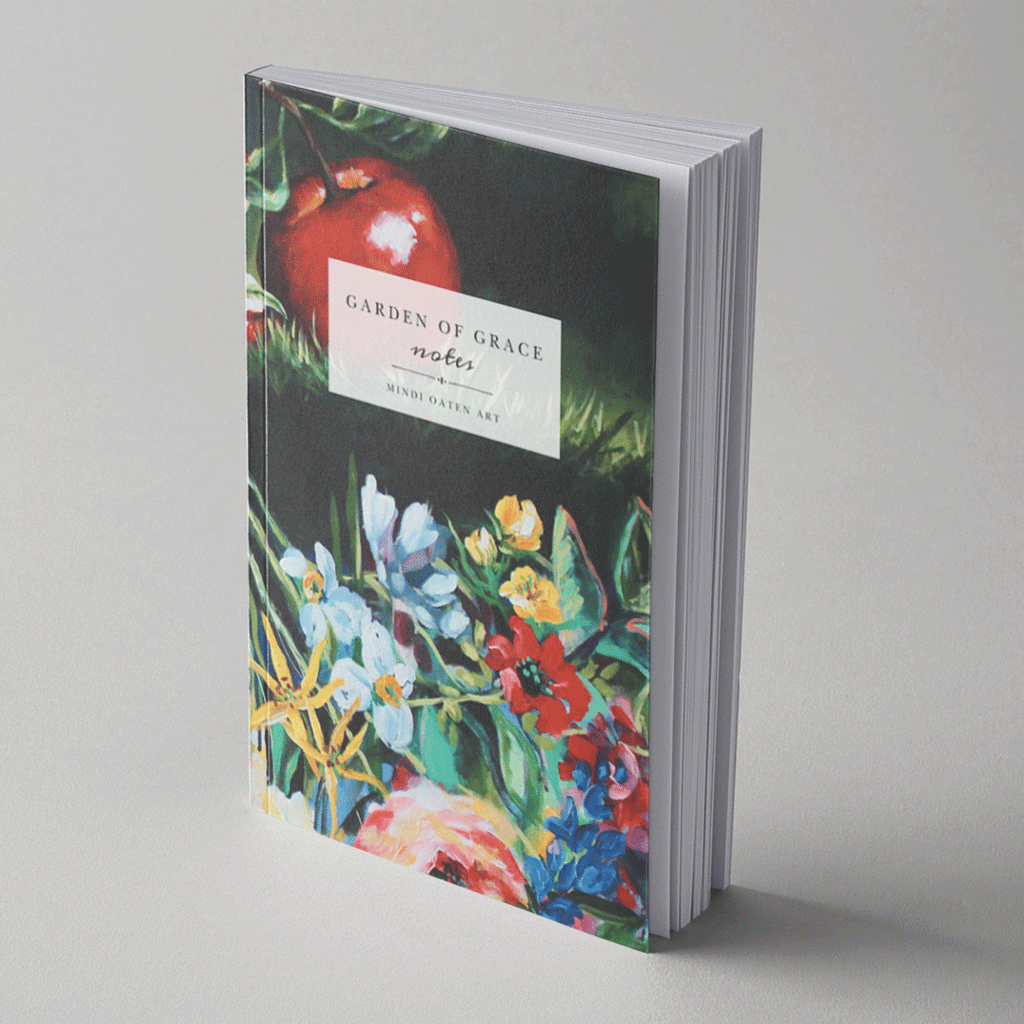 Garden of Grace lined journal notebook with floral artwork and red apple by Mindi Oaten Art, 160 page blank lined journal