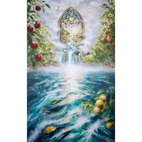 A radiant river flowing from a stained glass window into a vibrant landscape, surrounded by trees bearing fruit, symbolizing God’s healing presence and life flowing to the nations.