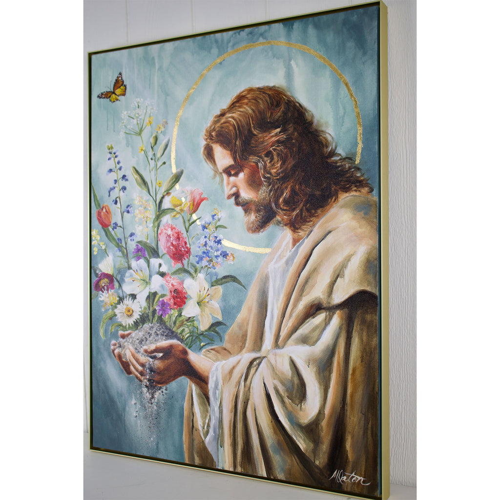 Painting of a religious figure holding flowers with a butterfly on a light blue background