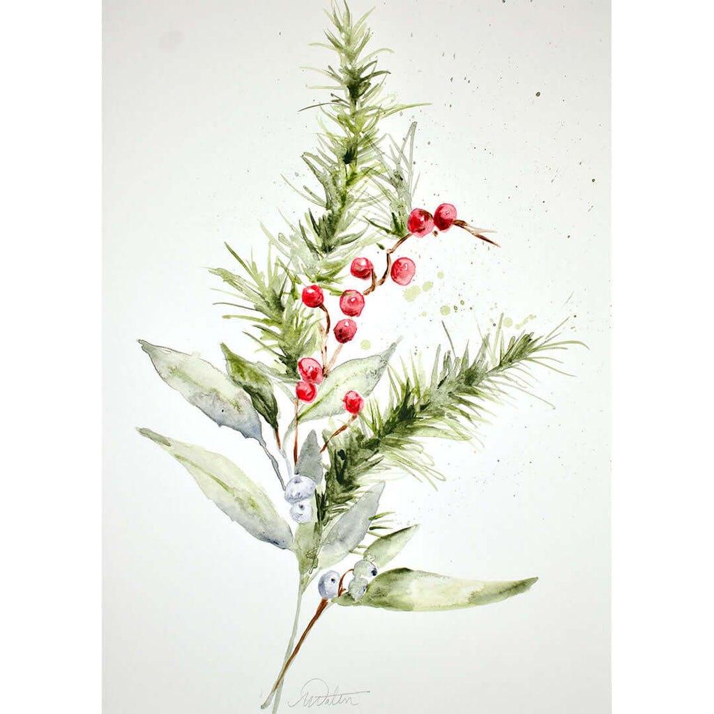 "Holly Berry Winter Branches" no. 2 - Watercolour Fine Art Print by Mindi Oaten