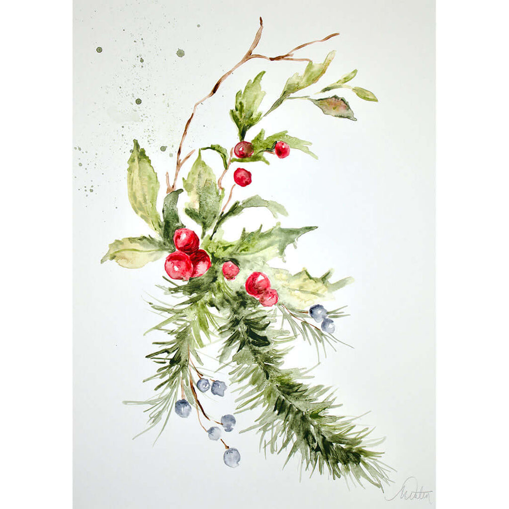 "Holly Berry Winter Branches" no. 3 - Watercolour Fine Art Print by Mindi Oaten