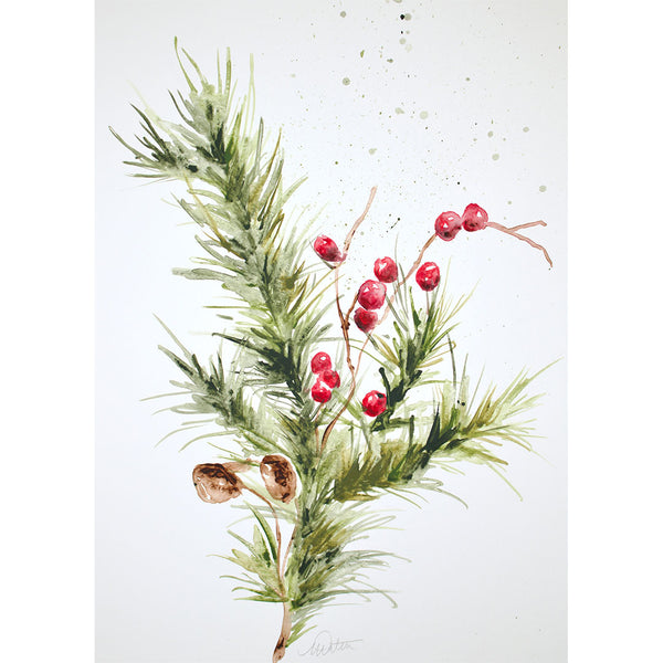 "Holly Berry Winter Branches" no. 1 - Watercolour Fine Art Print