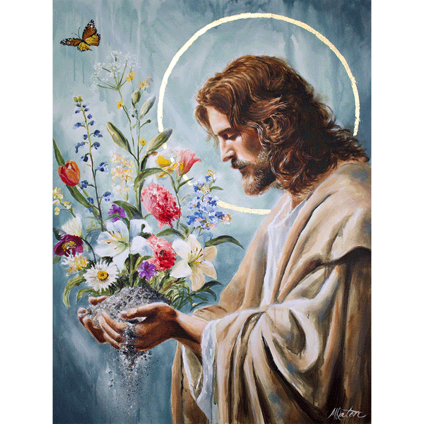 Jesus gently holding ashes in His hands as colorful flowers bloom from them, with a soft glowing halo behind Him and a butterfly nearby, symbolizing beauty, restoration, and new life.