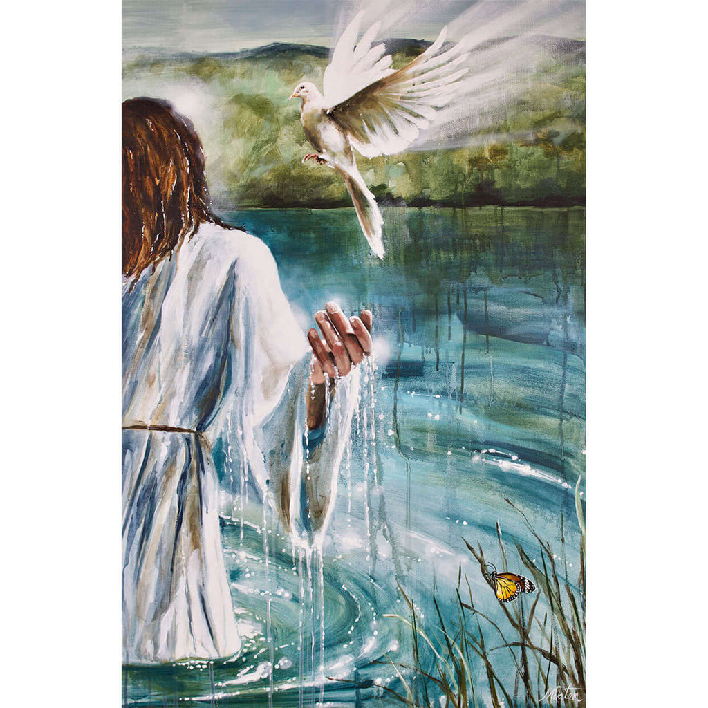 

Well Pleased by Mindi Oaten, showing Jesus standing in water beneath a white dove and falling light.