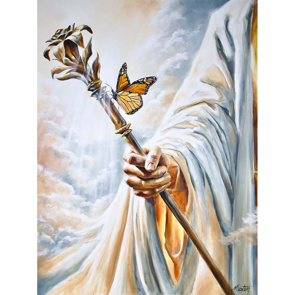 Seated at the Right Hand painting by Mindi Oaten depicting the glorified Jesus reigning in heaven with a sceptre