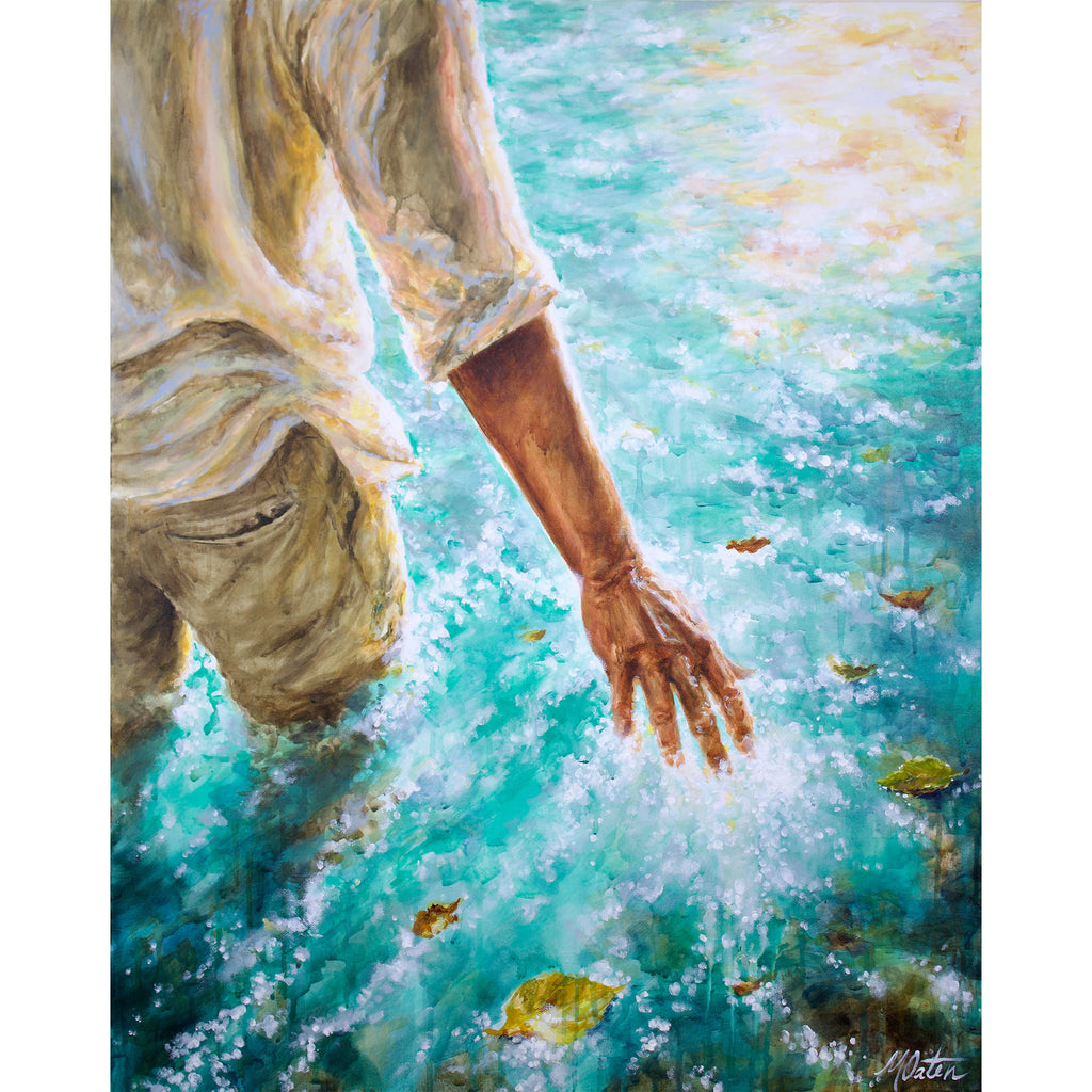 Person in light clothing reaching into a body of water with a soft, painterly style.