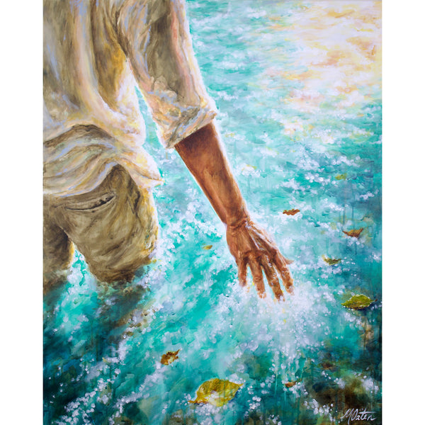 Person in light clothing reaching into a body of water with a soft, painterly style.