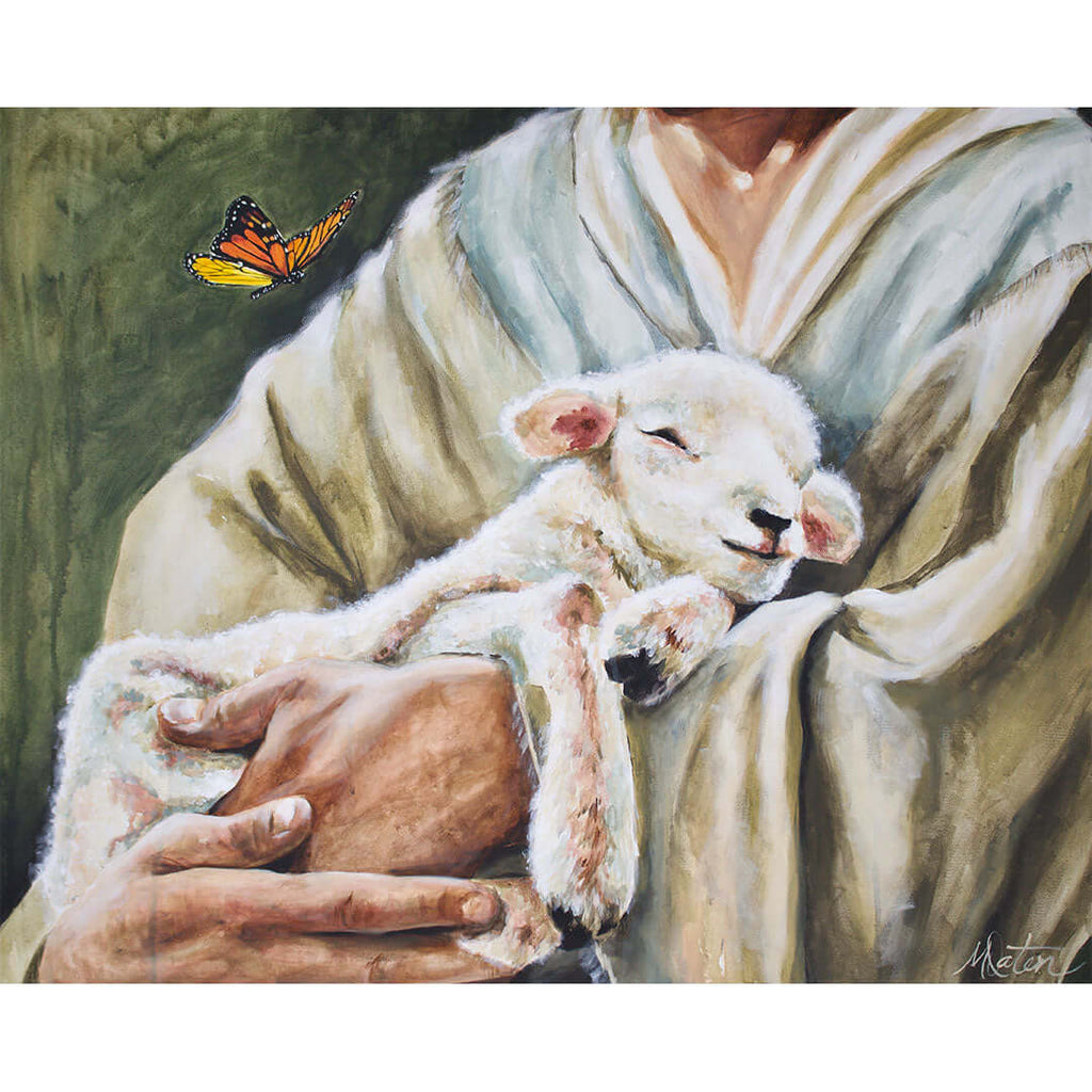 The Good Shepherd painting by Mindi Oaten depicting Jesus holding a lamb inspired by John 10