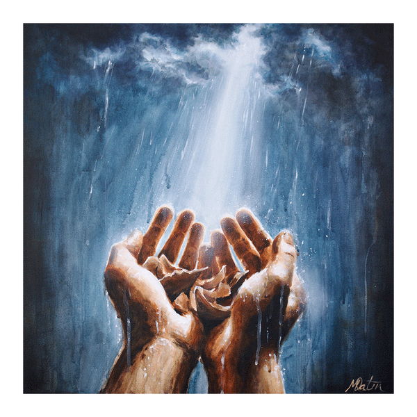 “Lament” by Mindi Oaten — a Christian fine art painting showing hands lifted to heaven under a stream of light, representing repentance, surrender, and restoration.
