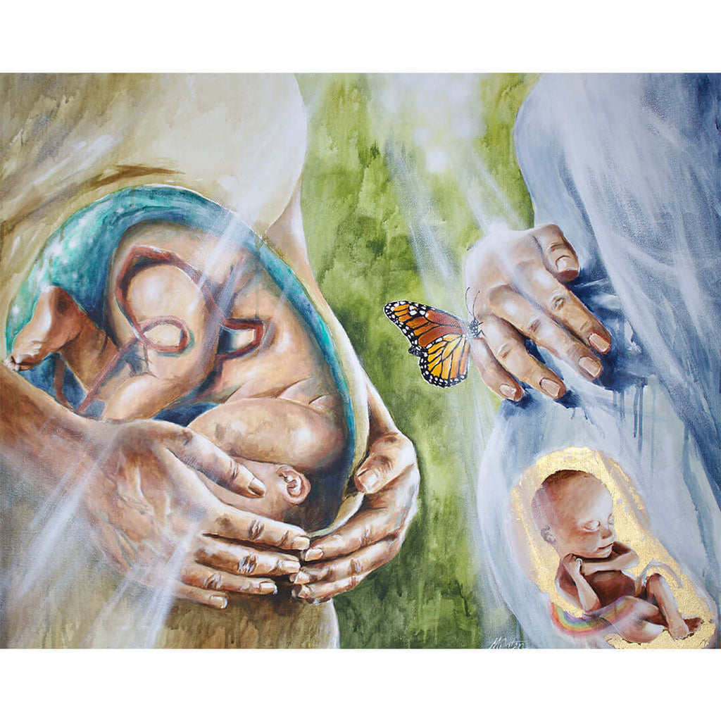 

Leaped for Joy by Mindi Oaten, showing two expectant mothers with their unborn children depicted, with a butterfly between them.