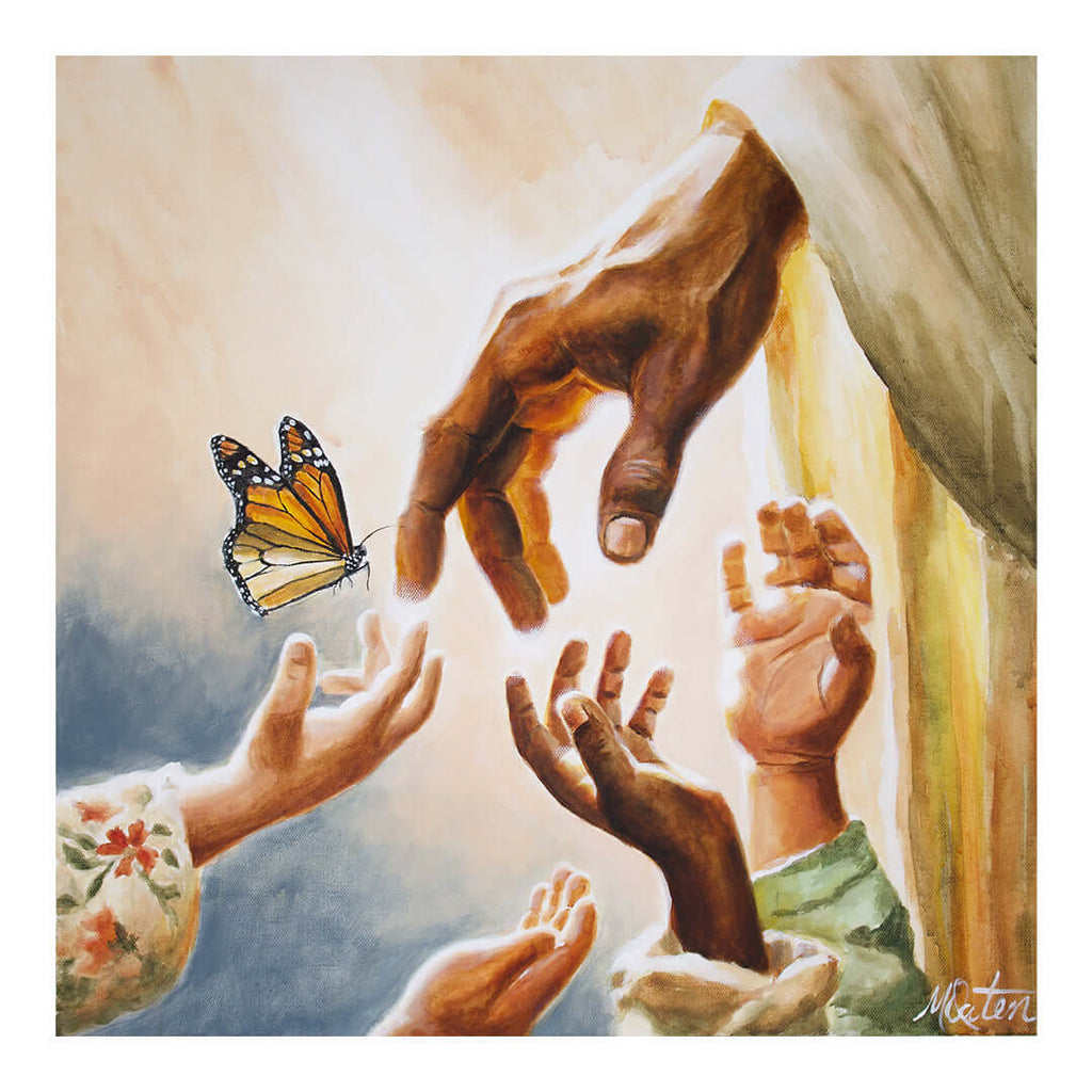 Let the Little Children Come painting by Mindi Oaten depicting Jesus welcoming children in Matthew 19:14