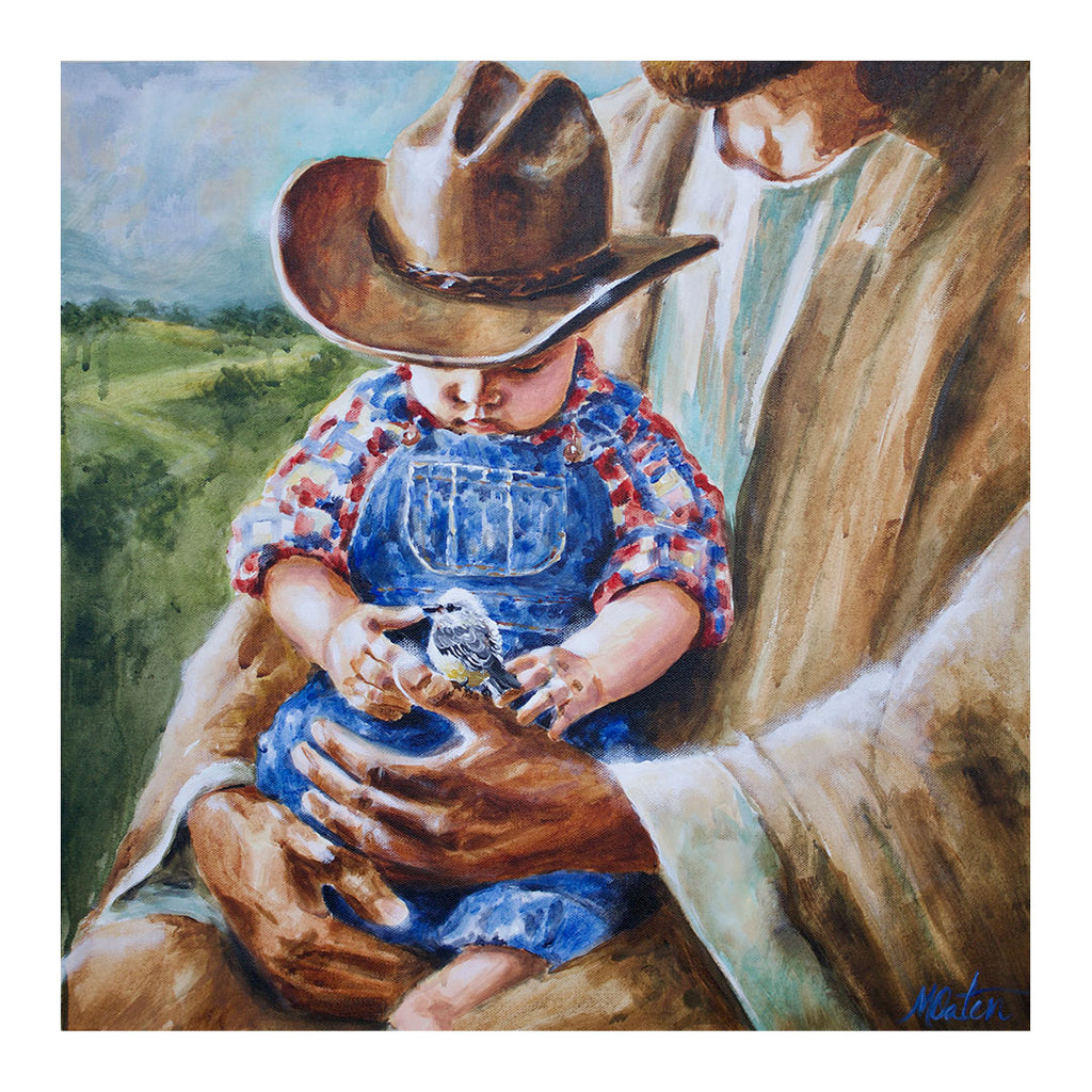 The Shepherd’s Little Cowboy by Mindi Oaten. A tender Christian painting depicting Jesus holding a young cowboy dressed in denim overalls and a western hat. The child gently cradles a small bird while resting securely in the arms of Christ. Set against a peaceful countryside landscape, the artwork symbolizes God’s protection, guidance, purpose, and loving care over every child.