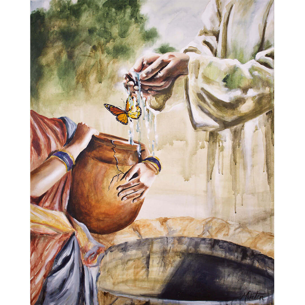 

Living Water by Mindi Oaten, showing Jesus pouring water into a vessel held by a woman beside a well.